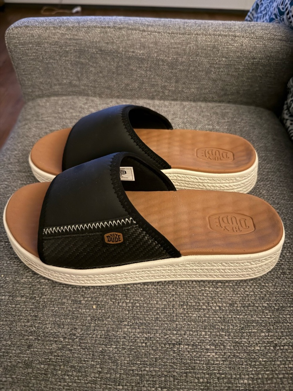 Hey Dude Platform Slide Sandals in Black, Tan and White